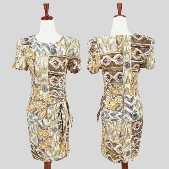 Vintage Alyn Paige Bold Ikat Geometric Patchwork Print Faux Wrap Dress Small - Picture 1 of 7